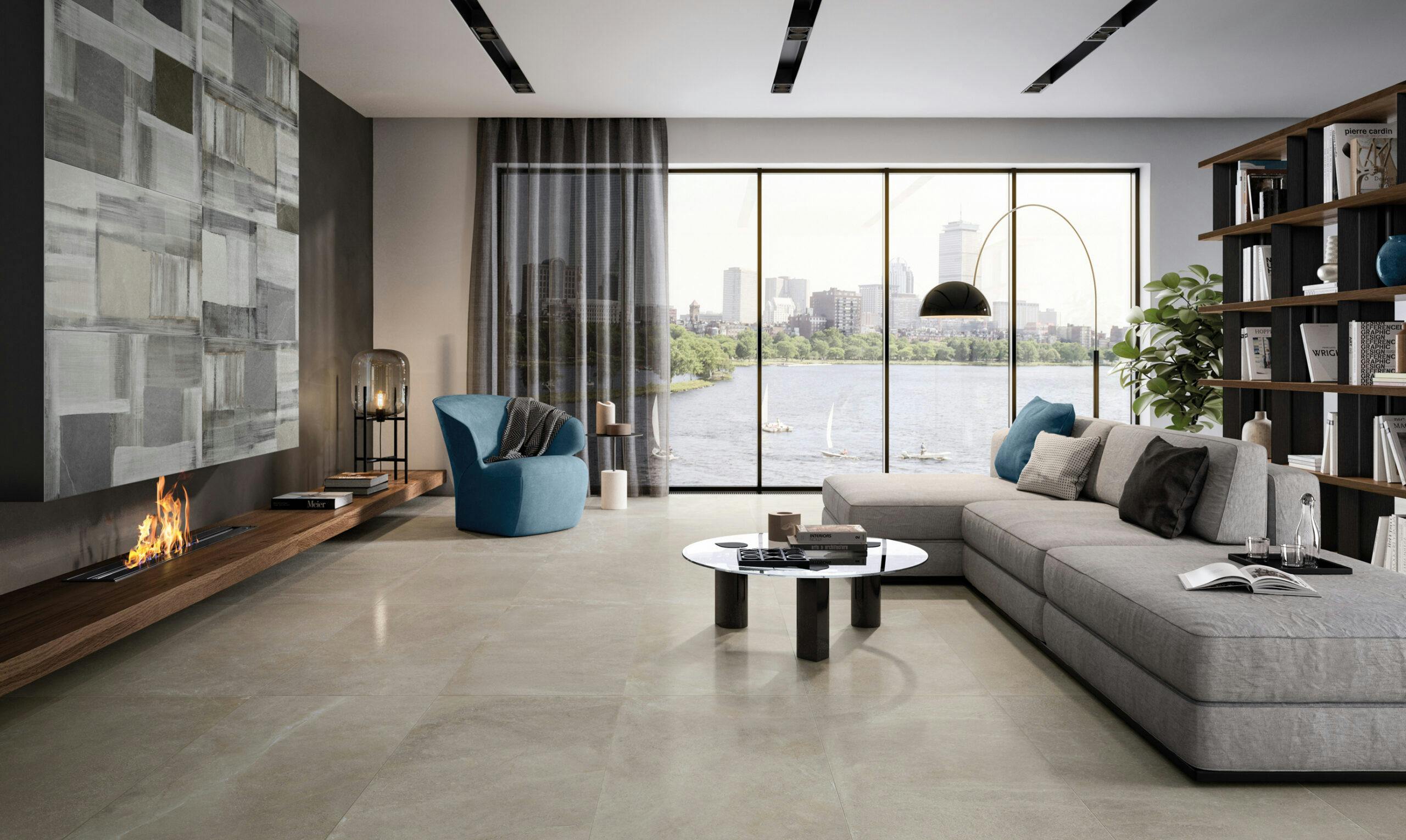 Moderne woonkamer met grijze keramishce natuursteen tegels